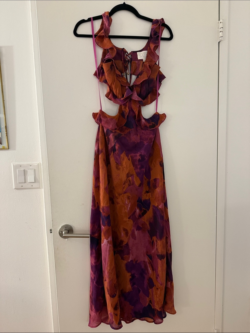 Ruffled Cutout Maxi Dress in Plum & Rust
